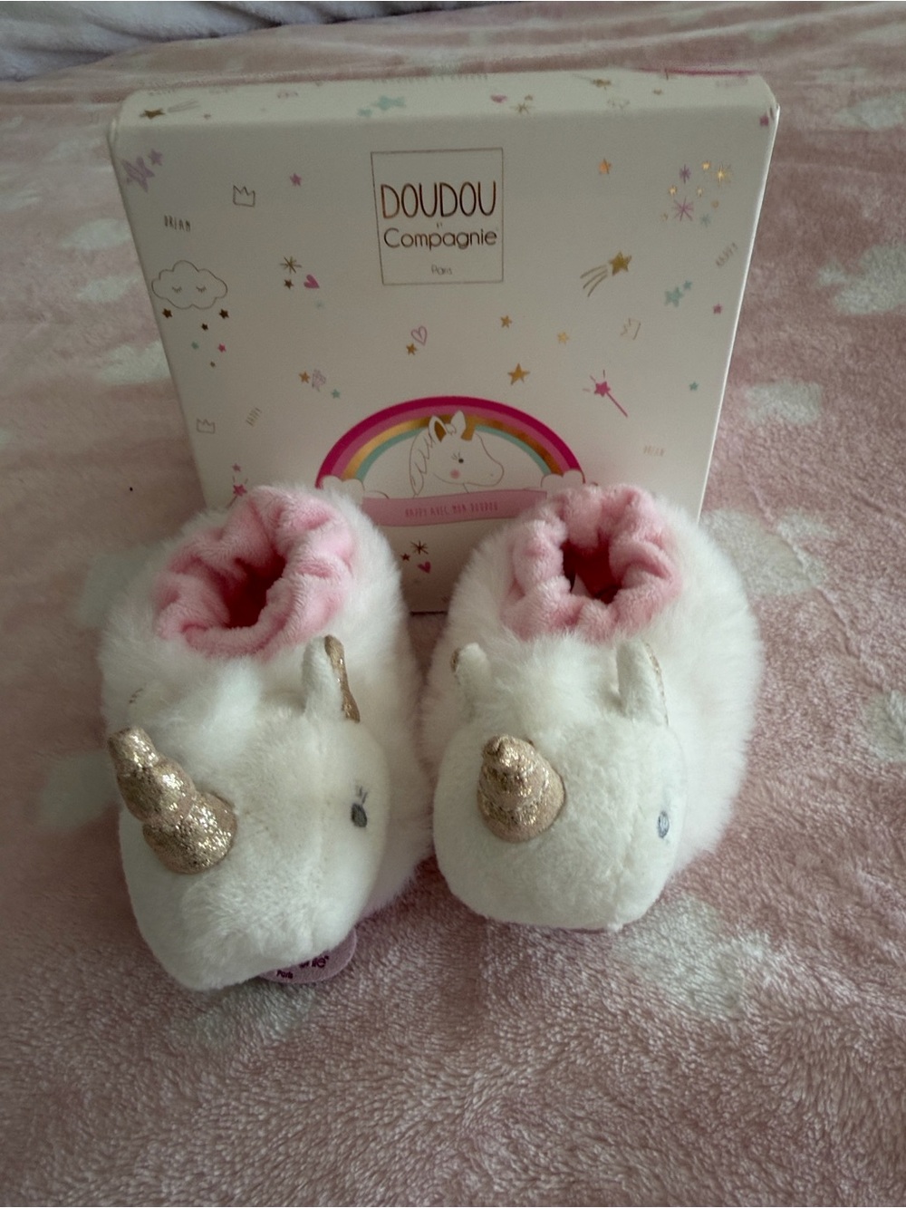 Doudou Compagnie Baby Unicorn Slippers - White with Pink